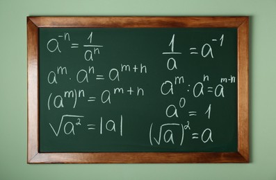 Photo of Chalkboard with many different math formulas on green wall