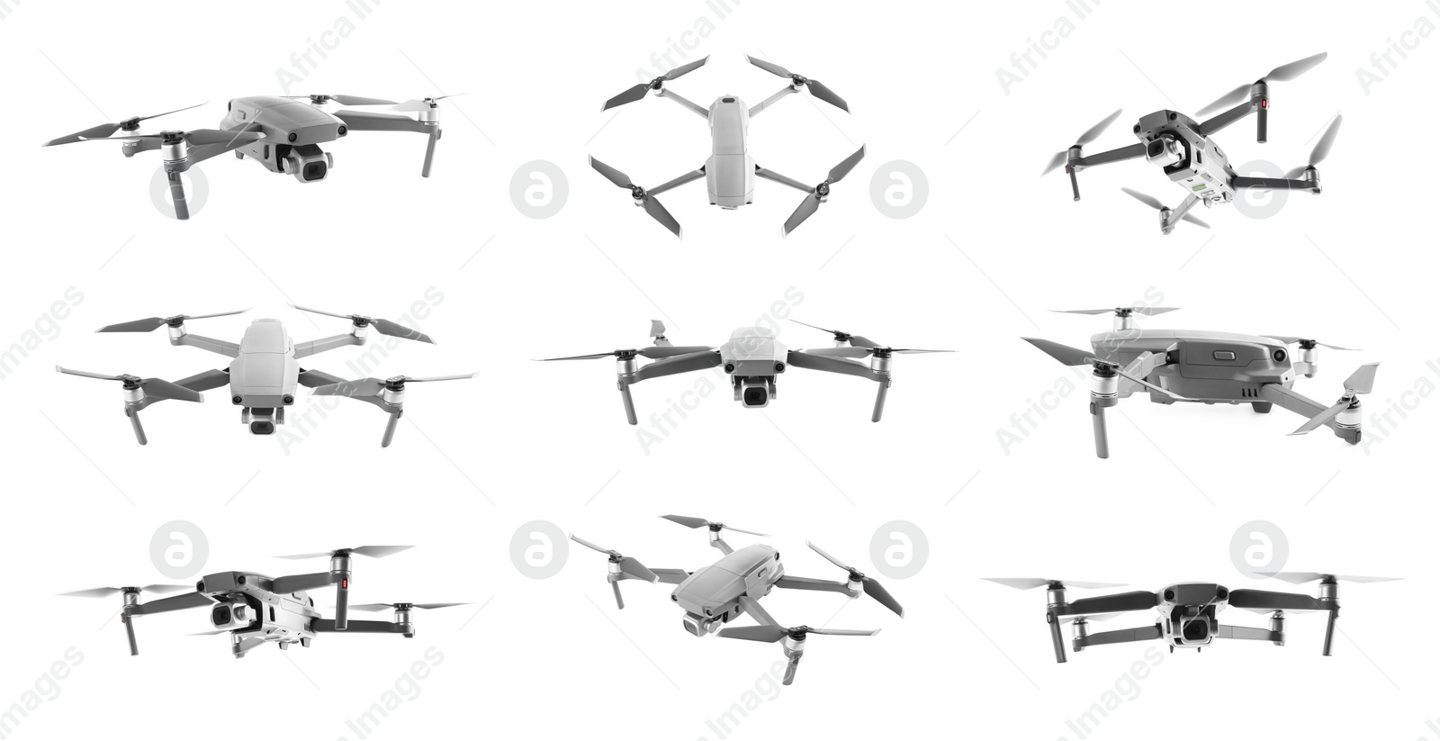 Image of Modern drone on white background, views from different sides. Banner design