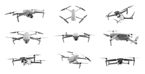 Image of Modern drone on white background, views from different sides. Banner design