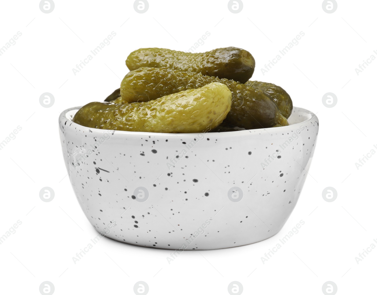 Photo of Tasty pickled cucumbers in bowl isolated on white