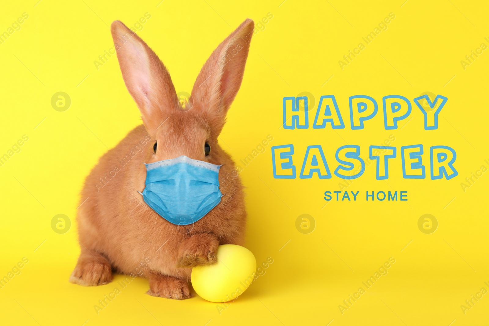 Image of Text Happy Easter Stay Home and cute bunny in protective mask on yellow background. Holiday during Covid-19 pandemic