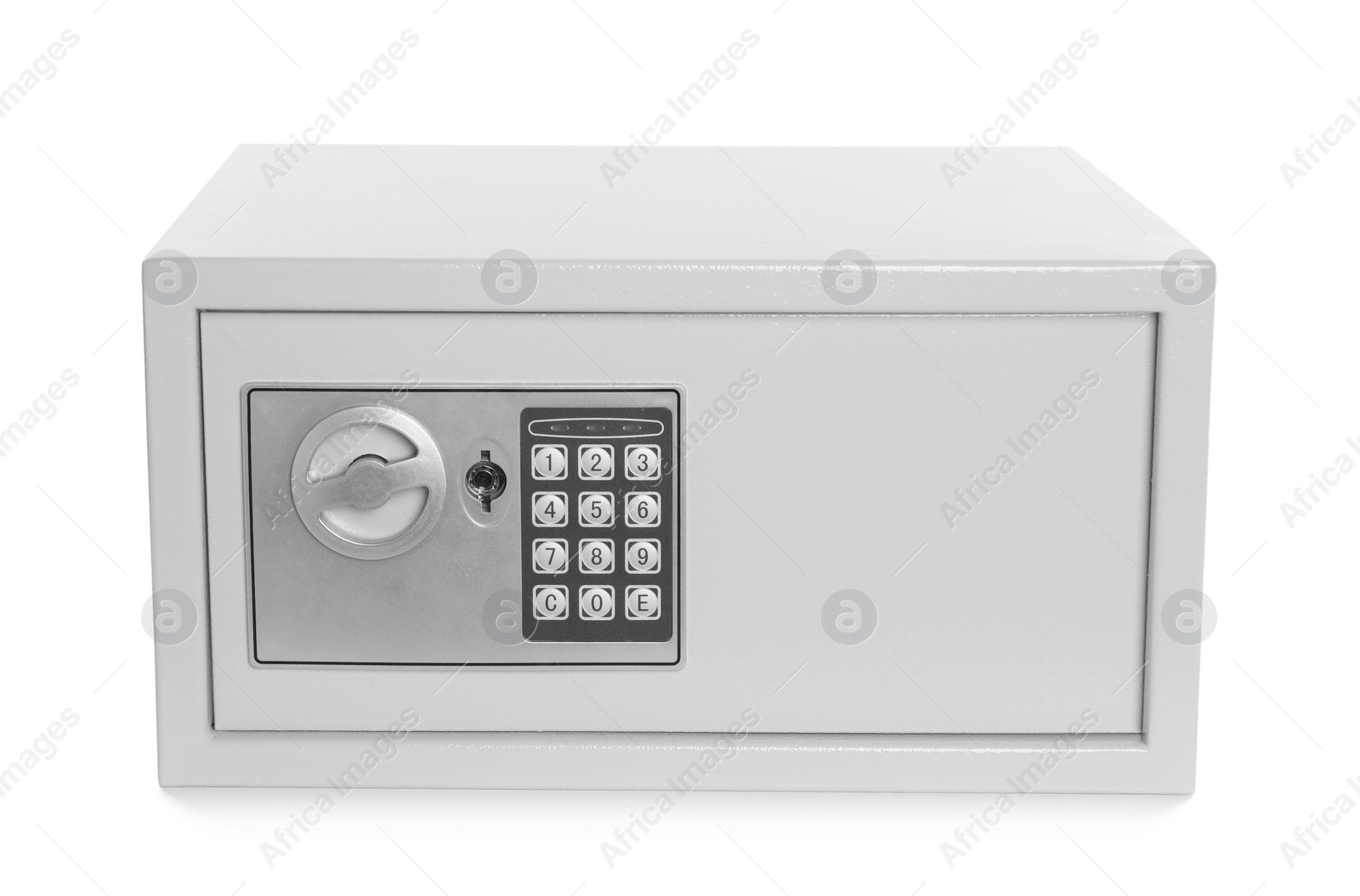 Photo of Steel safe with electronic lock on white background