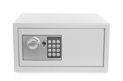 Photo of Steel safe with electronic lock on white background