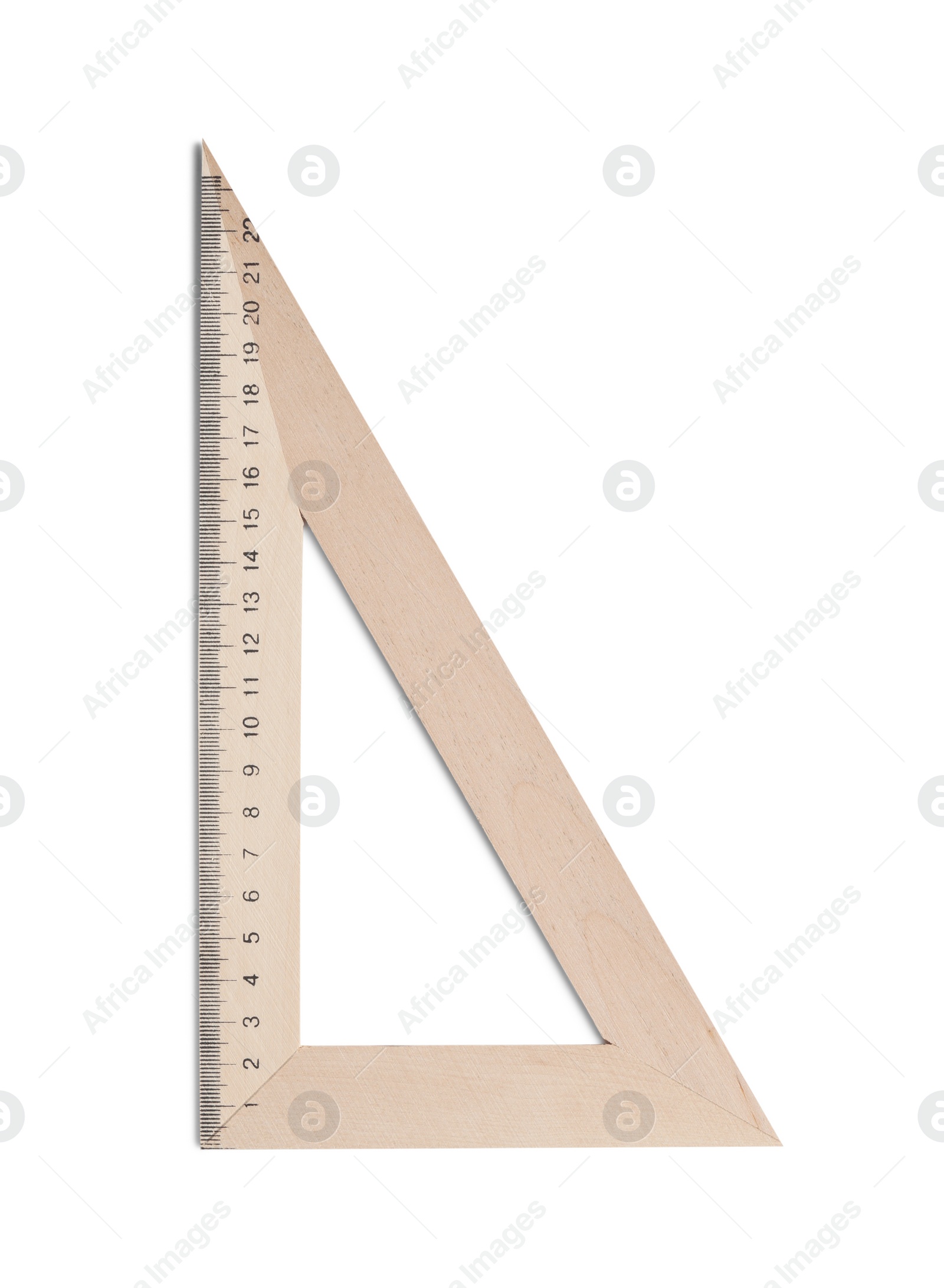 Photo of Wooden triangle with measuring length markings isolated on white, top view