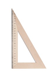 Photo of Wooden triangle with measuring length markings isolated on white, top view