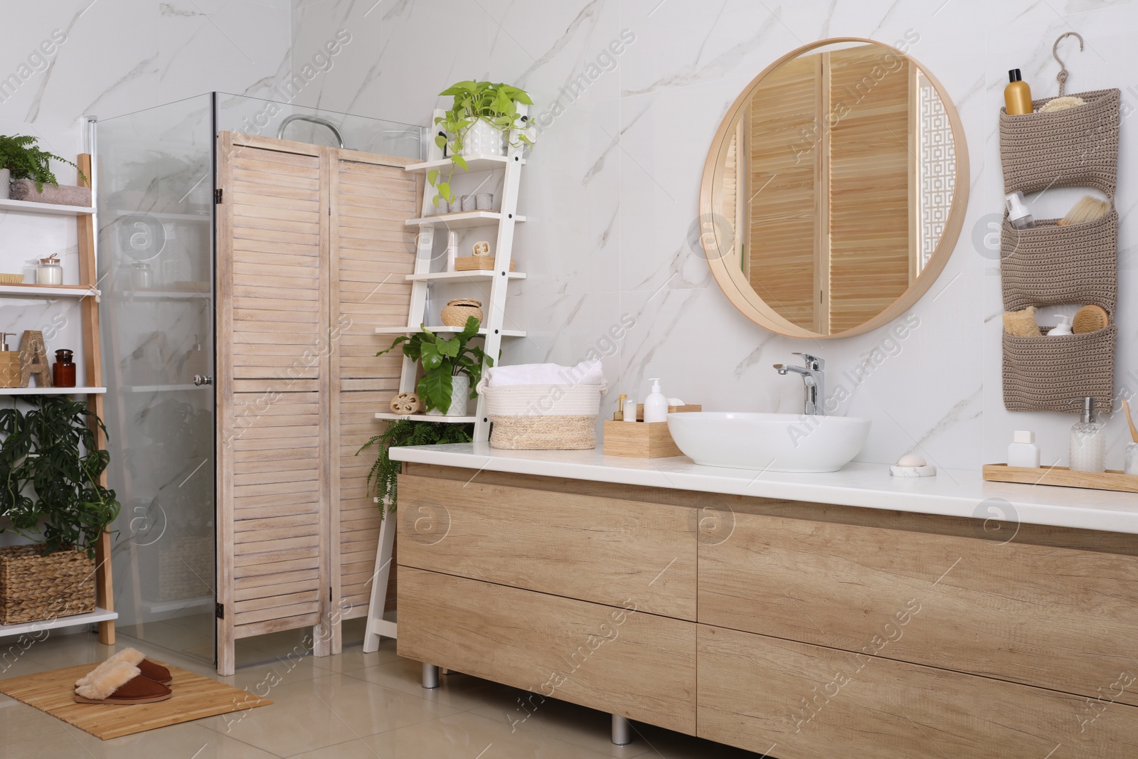 Photo of Bathroom interior with essentials and stylish accessories