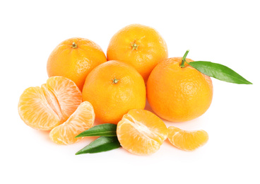 Photo of Fresh juicy tangerines with green leaves isolated on white