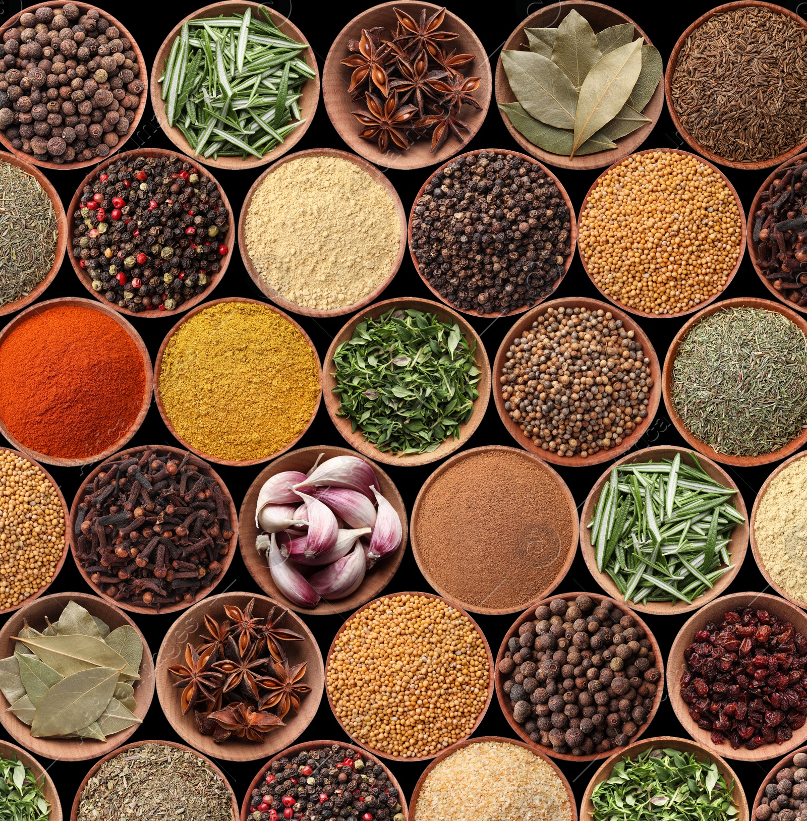 Image of Collection of different aromatic spices and herbs on black background, flat lay