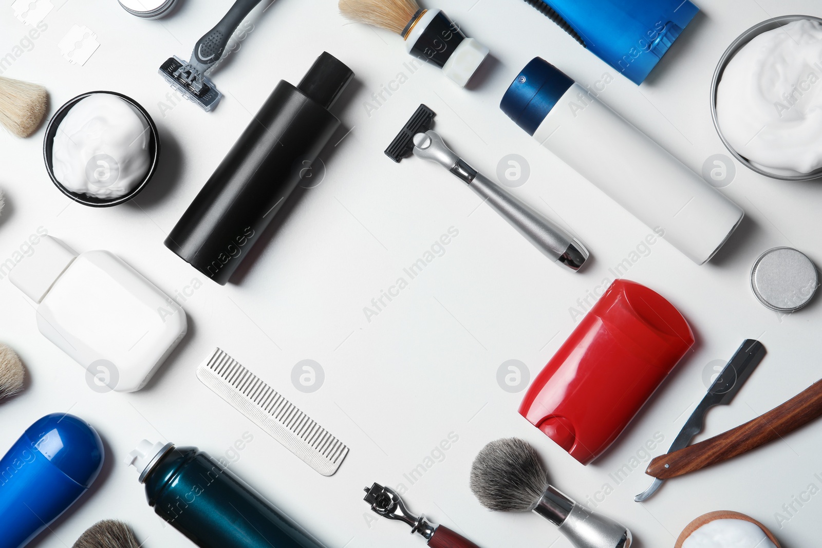 Photo of Flat lay composition with men's shaving accessories and space for text on white background