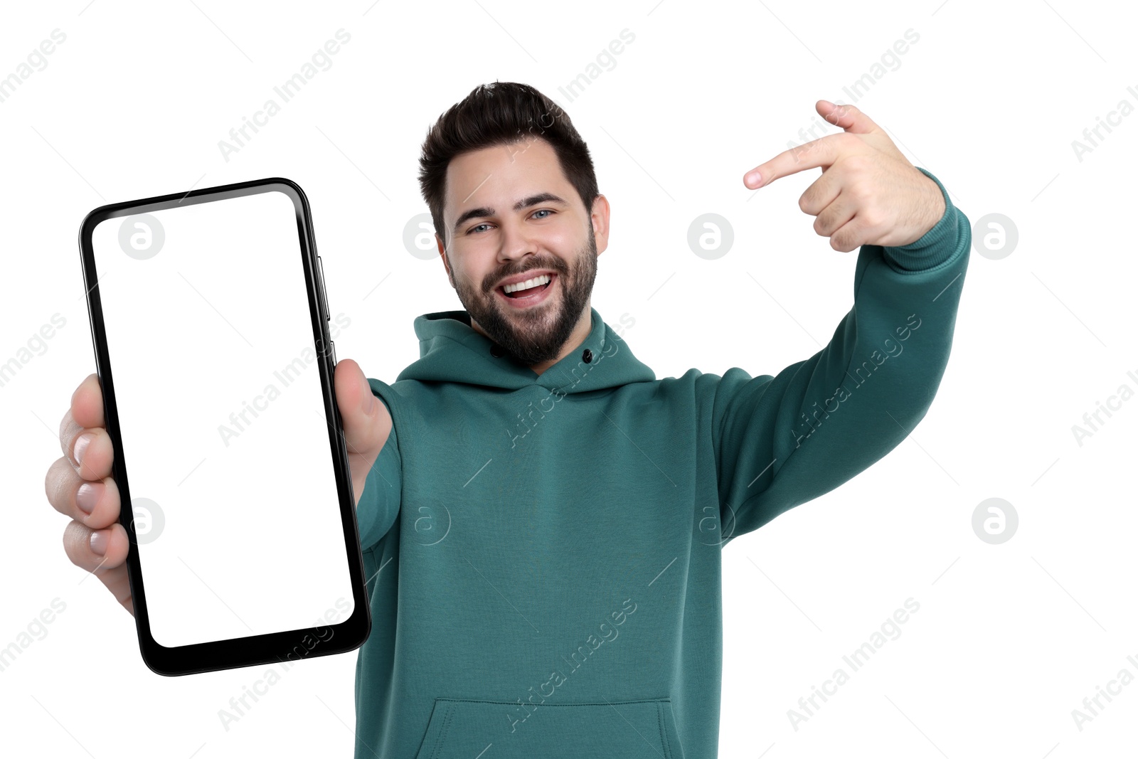 Image of Happy man holding smartphone with empty screen on white background