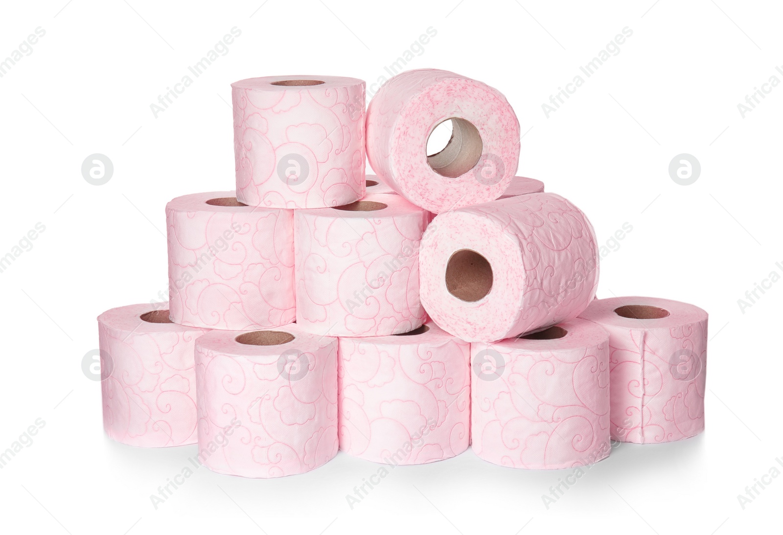 Photo of Color toilet paper rolls on white background