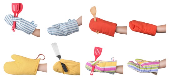 Image of Closeup view of chefs in oven gloves holding utensils, collage. Banner design 