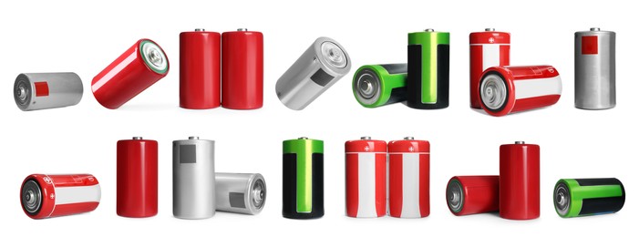 Image of New D batteries on white background, collage. Banner design