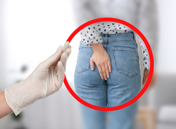 Doctor holding suppository for hemorrhoid treatment and woman suffering from pain, closeup