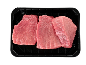 Photo of Plastic container with raw meat on white background, top view