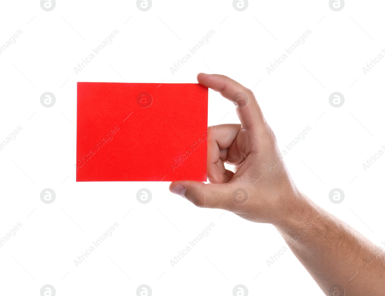 Photo of Football referee holding red card on white background, closeup