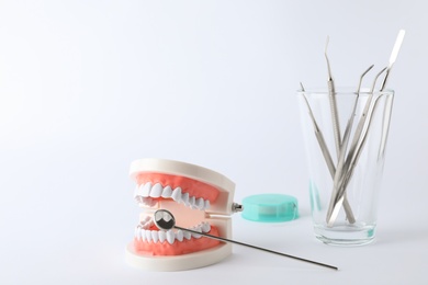 Photo of Composition with typodont teeth and dentist tools on white background. Space for text
