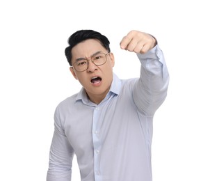 Photo of Angry businessman in formal clothes screaming on white background