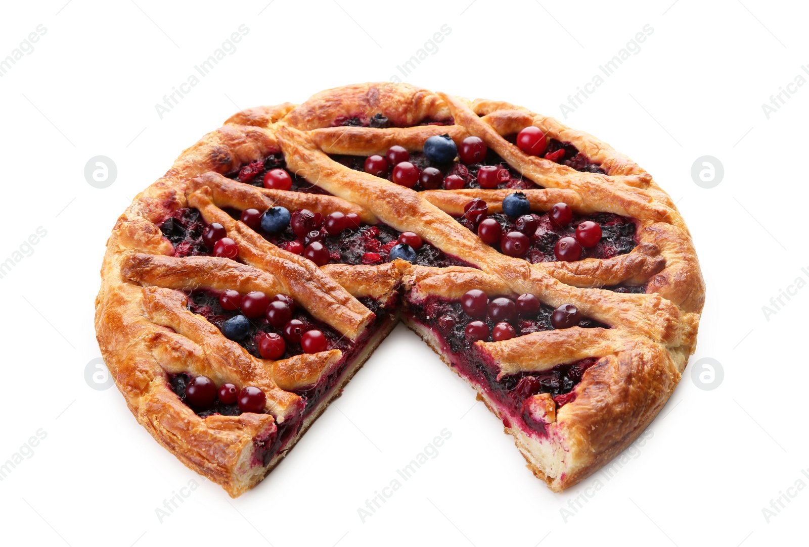 Photo of Delicious cut currant pie and fresh berries isolated on white