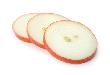 Photo of Slices of raw yellow onion isolated on white