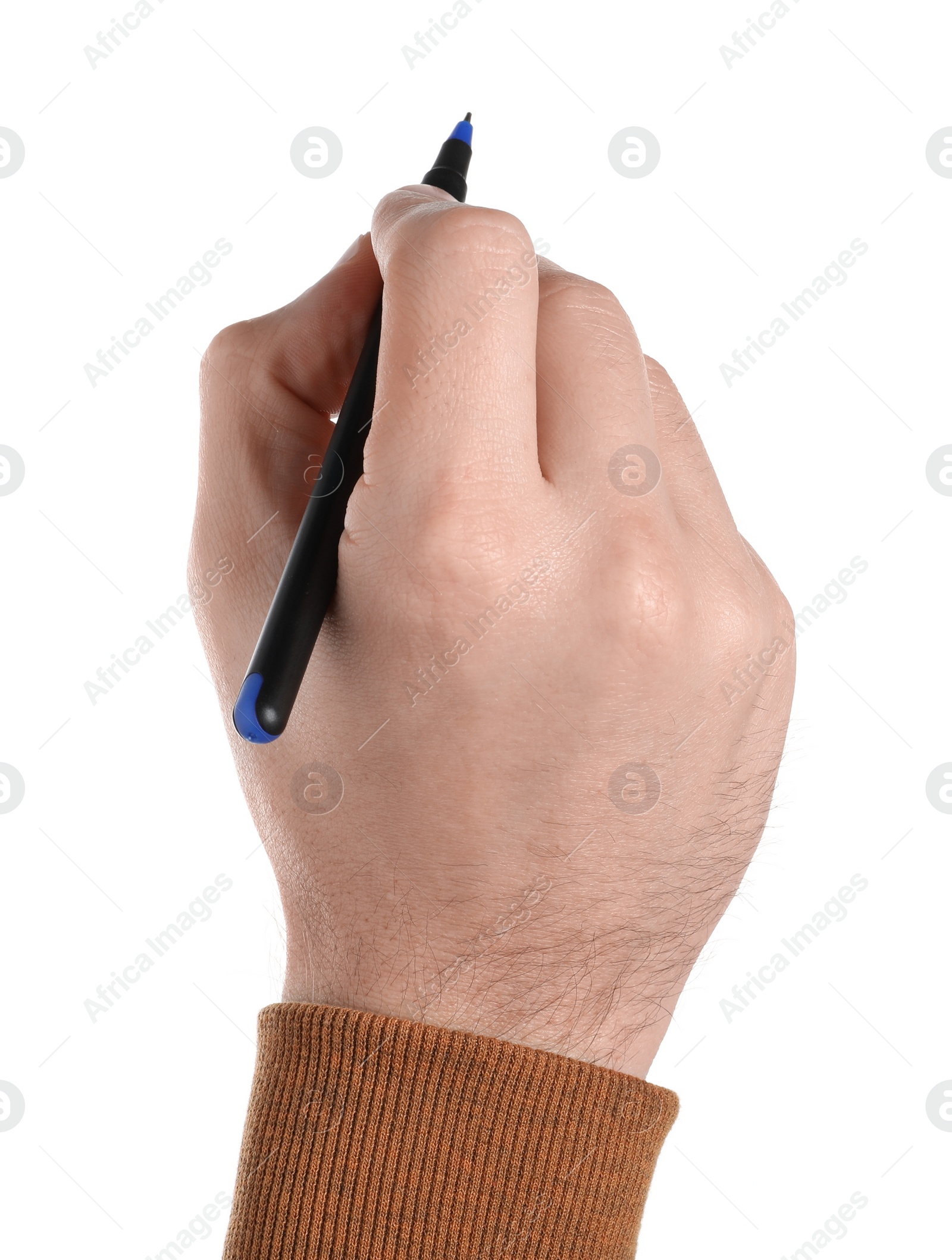 Photo of Man holding pen on white background, closeup of hand