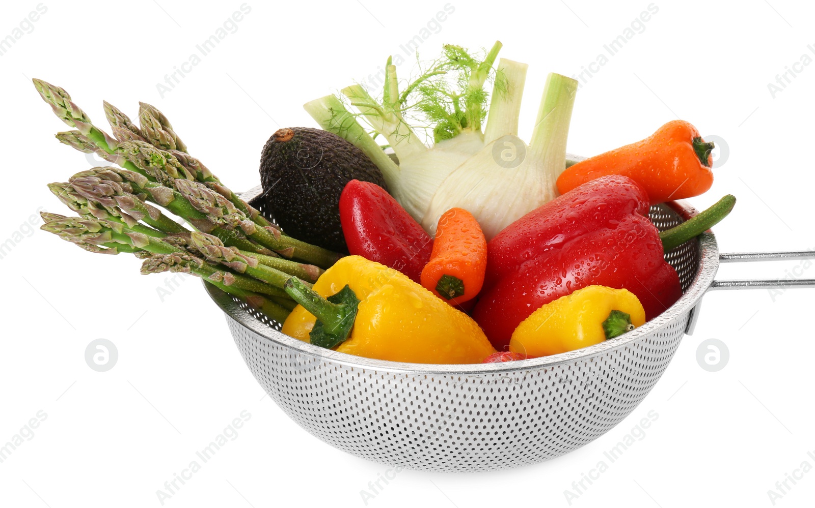 Photo of Metal colander with different vegetables and avocado isolated on white