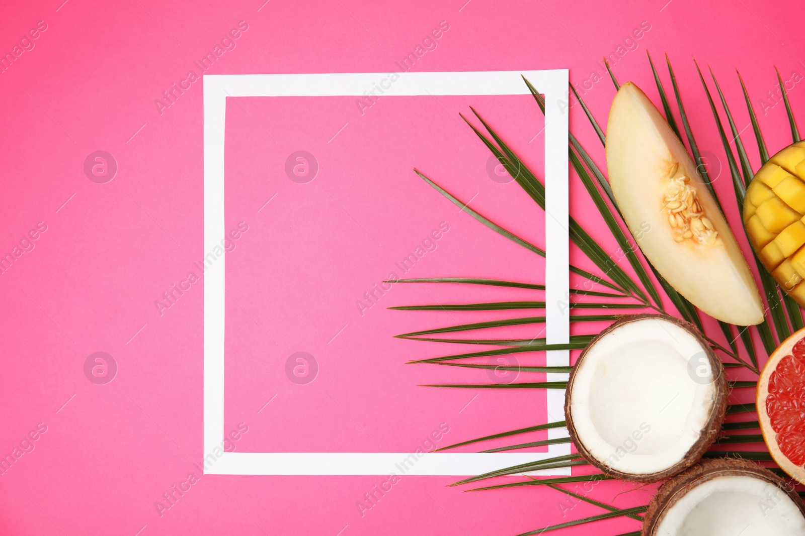 Photo of Flat lay composition with melon, other fruits and space for text on color background