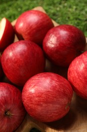 Photo of Fresh red apples on wooden plate outdoors, closeup