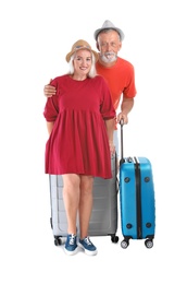 Senior couple with suitcases on white background. Vacation travel