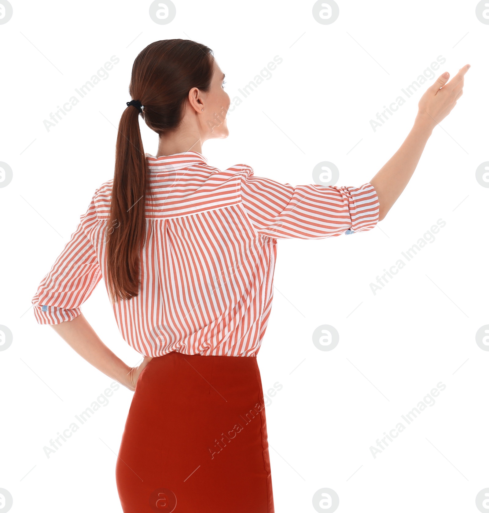 Photo of Professional business trainer showing at something on white background