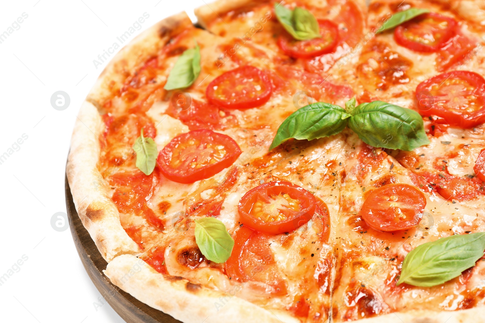 Photo of Delicious hot pizza Margherita on white background, closeup