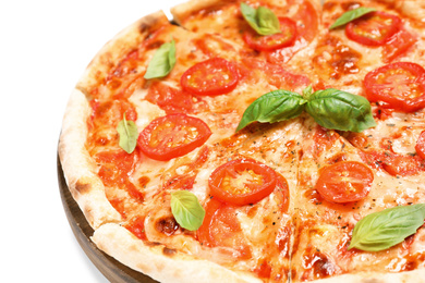 Delicious hot pizza Margherita on white background, closeup