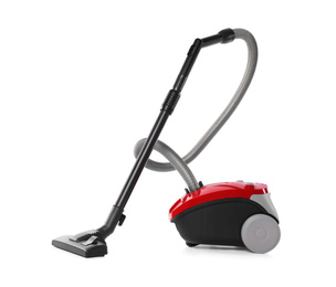 Photo of Modern red vacuum cleaner isolated on white