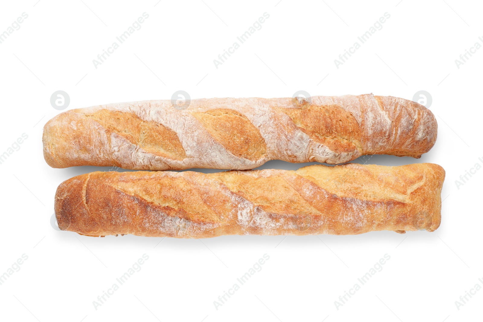 Photo of Crispy French baguettes on white background, top view. Fresh bread