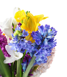 Photo of Bouquet of beautiful spring flowers on white background