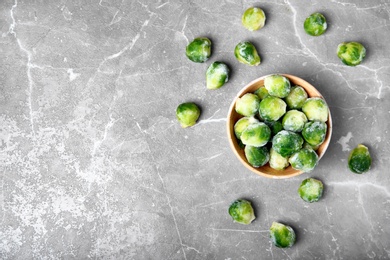 Flat lay composition with frozen brussel sprouts on grey background. Vegetable preservation