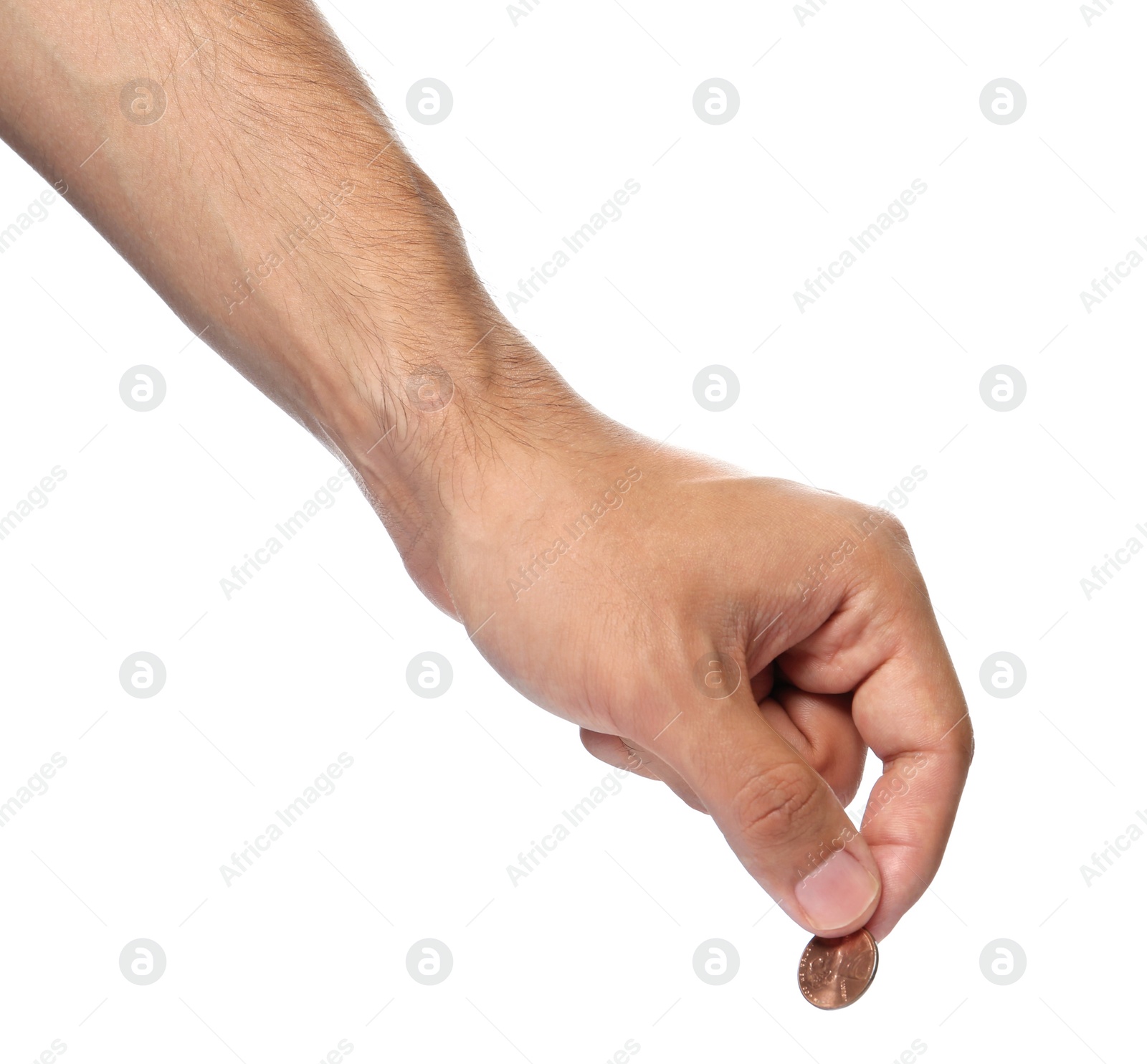 Photo of Young man holding coin on white background, closeup view