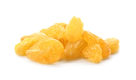 Photo of Tasty raisins on white background. Healthy dried fruit