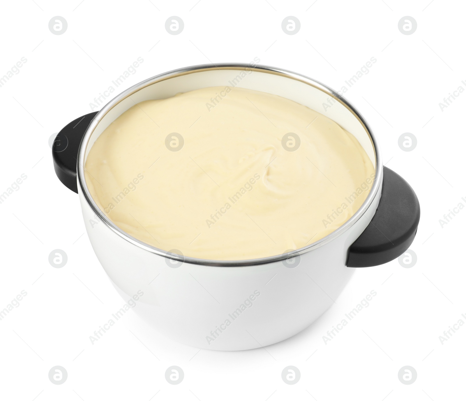 Photo of Fondue pot with tasty melted cheese isolated on white