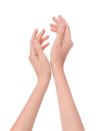 Young woman with perfect smooth skin and manicure on white background, closeup view of hands