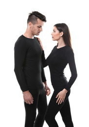 Photo of Couple wearing thermal underwear isolated on white