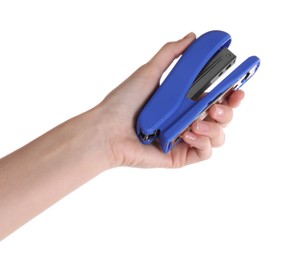 Photo of Woman holding blue stapler on white background, closeup