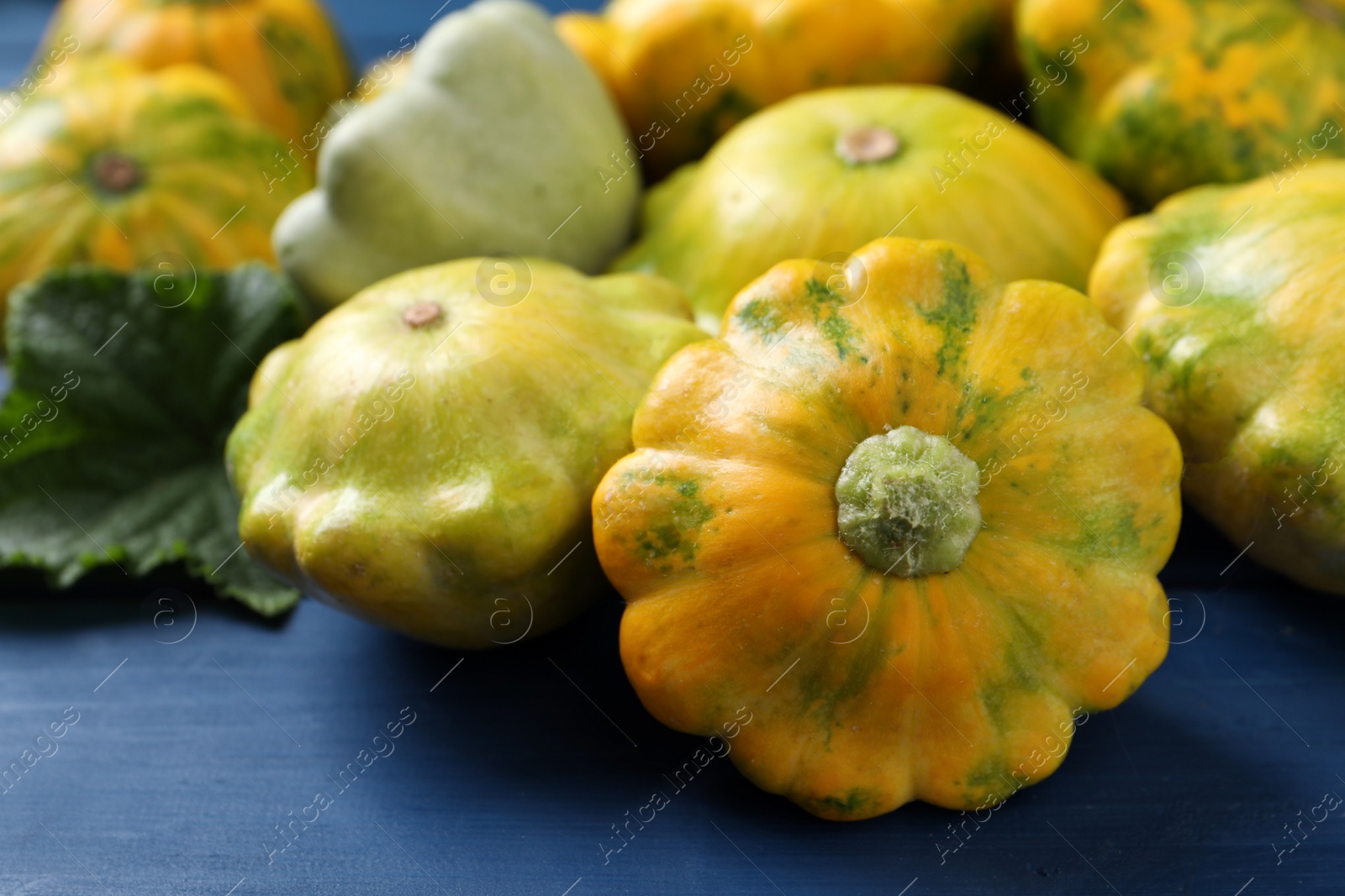 Photo of Fresh ripe pattypan squashes on blue wooden table, closeup