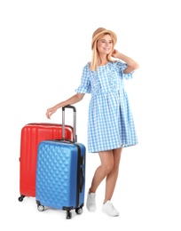 Photo of Woman with suitcases on white background. Vacation travel