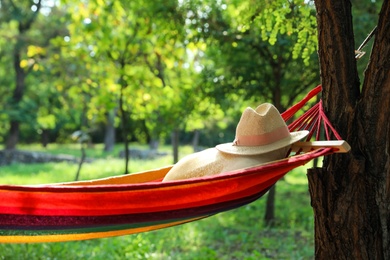 Photo of Bright comfortable hammock with pillow and hat hanging in green garden
