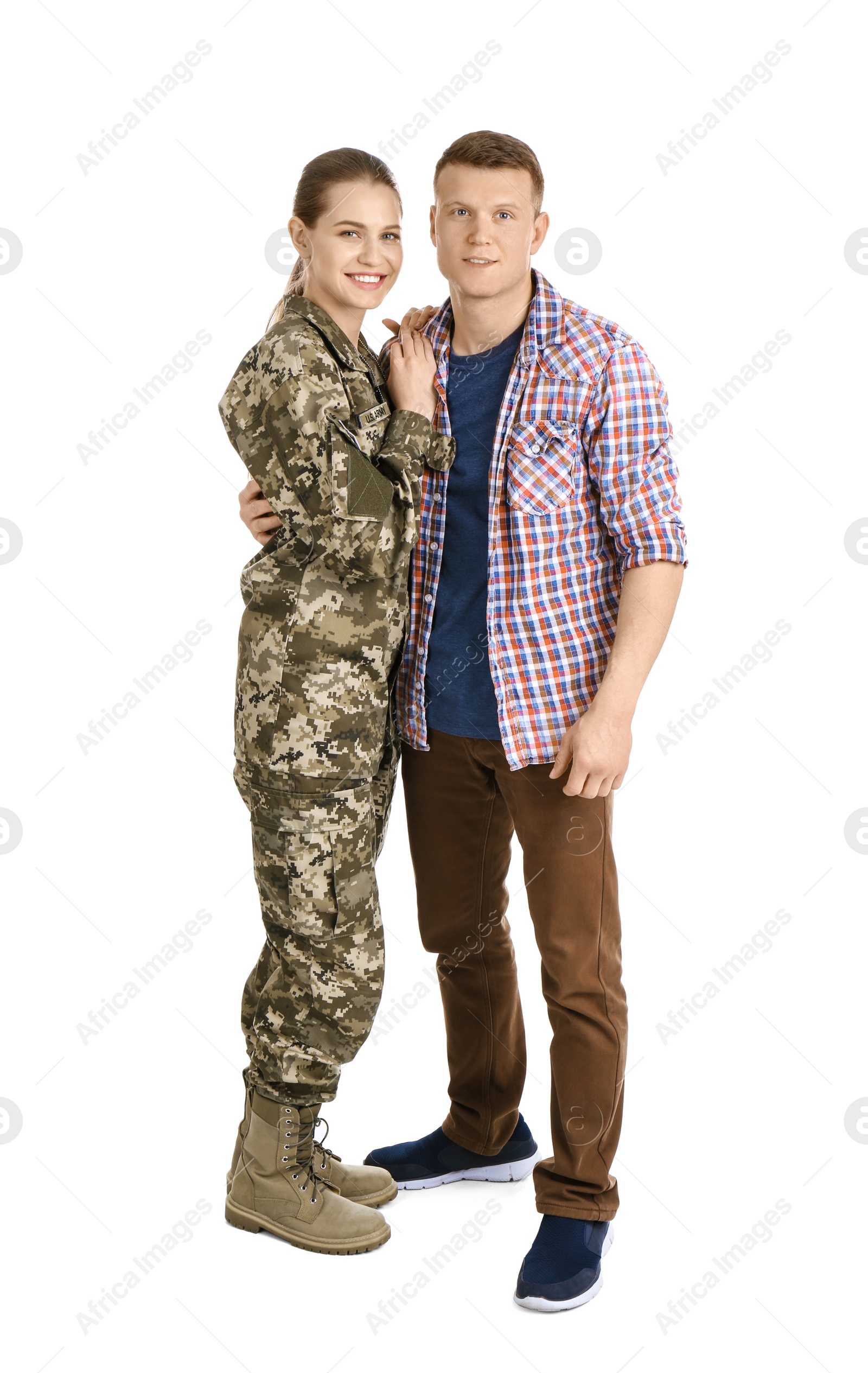 Photo of Female soldier with her husband on white background. Military service