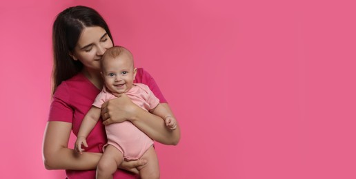 Beautiful mother with her cute baby on pink background, space for text. Banner design 