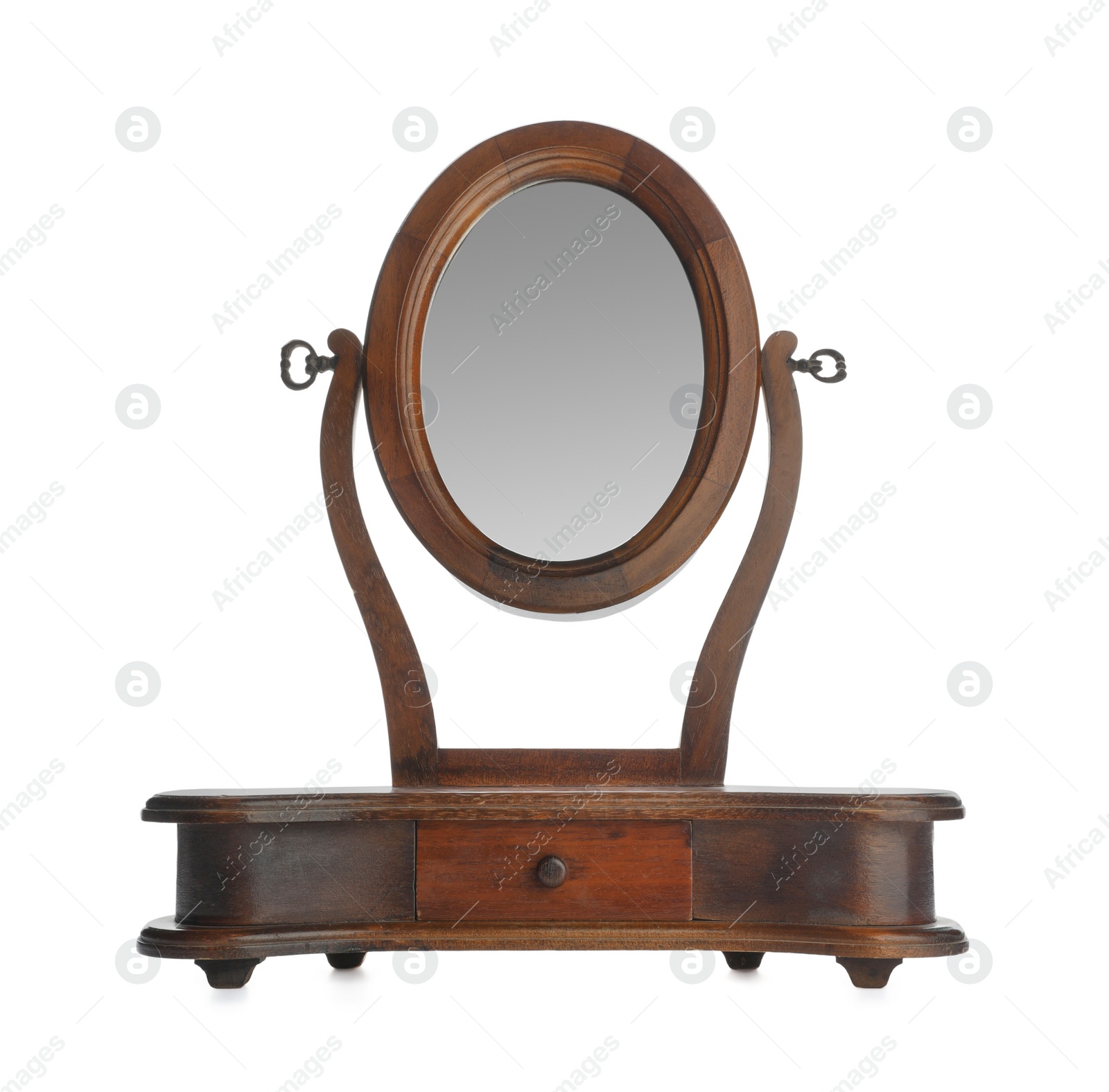 Photo of Vintage wooden stand with mirror and jewelry drawer isolated on white