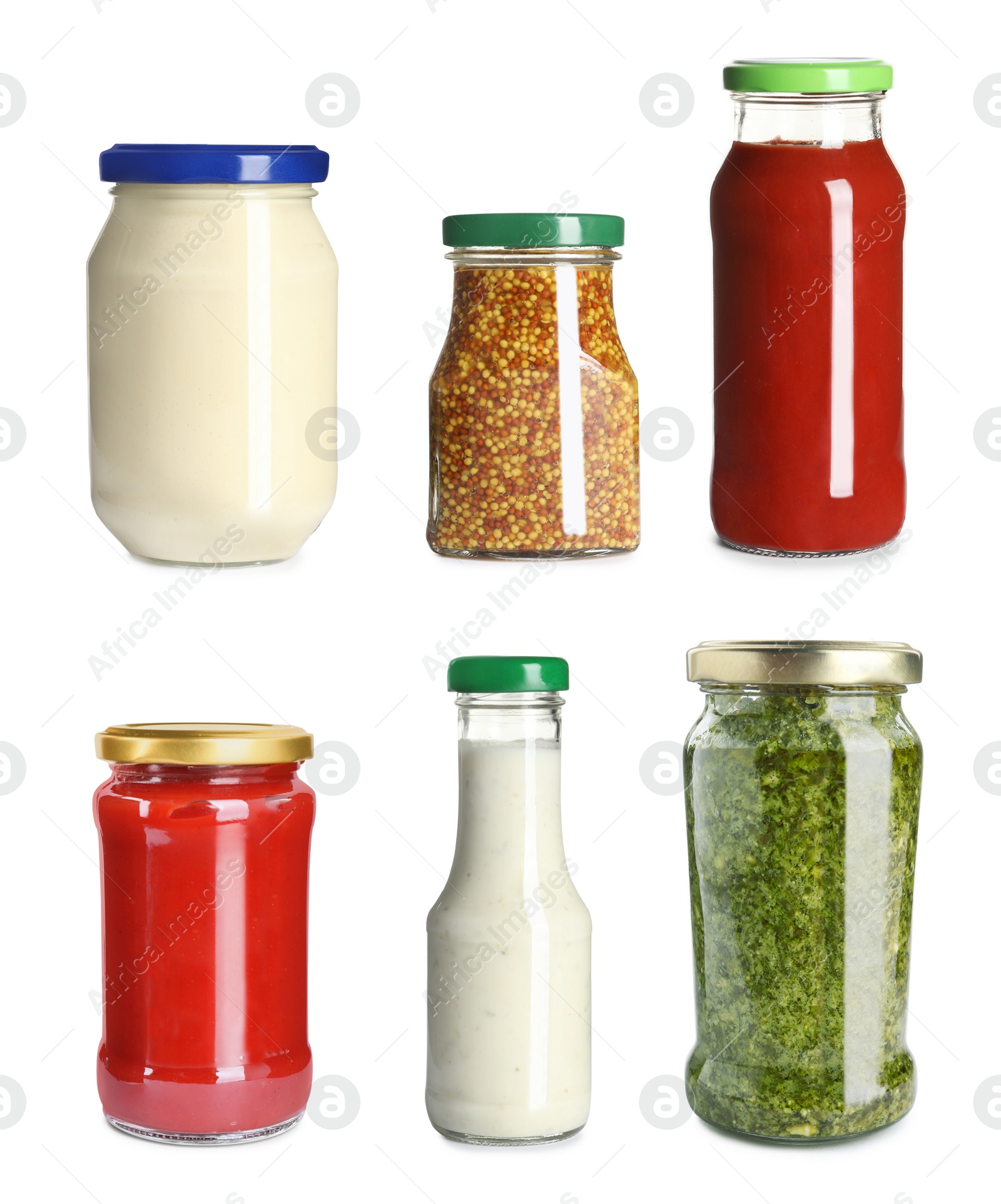 Image of Set with delicious sauces in glassware on white background