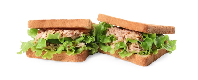 Photo of Delicious sandwiches with tuna, lettuce leaves and cucumber on white background